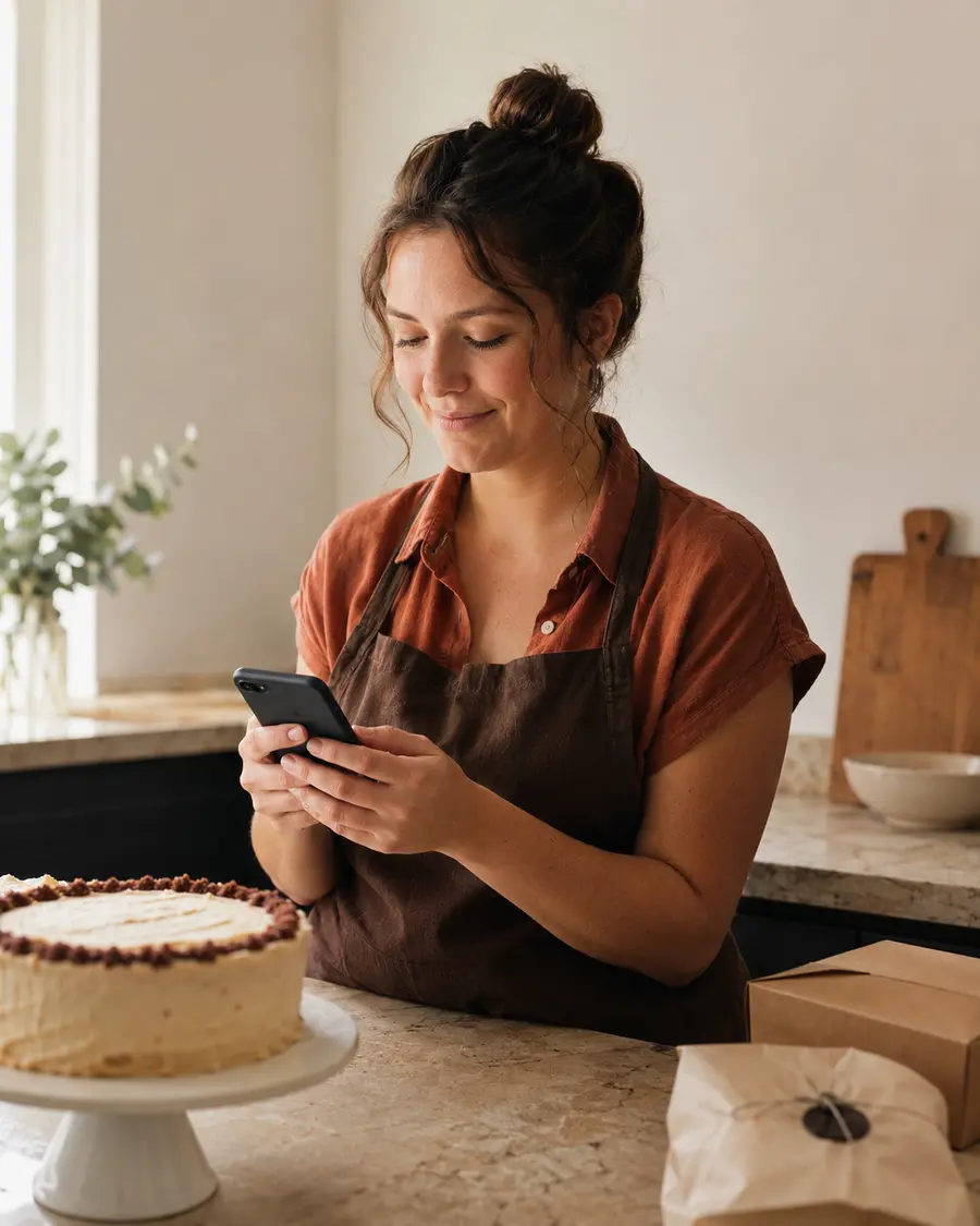 An independent baker checking an order on her phone